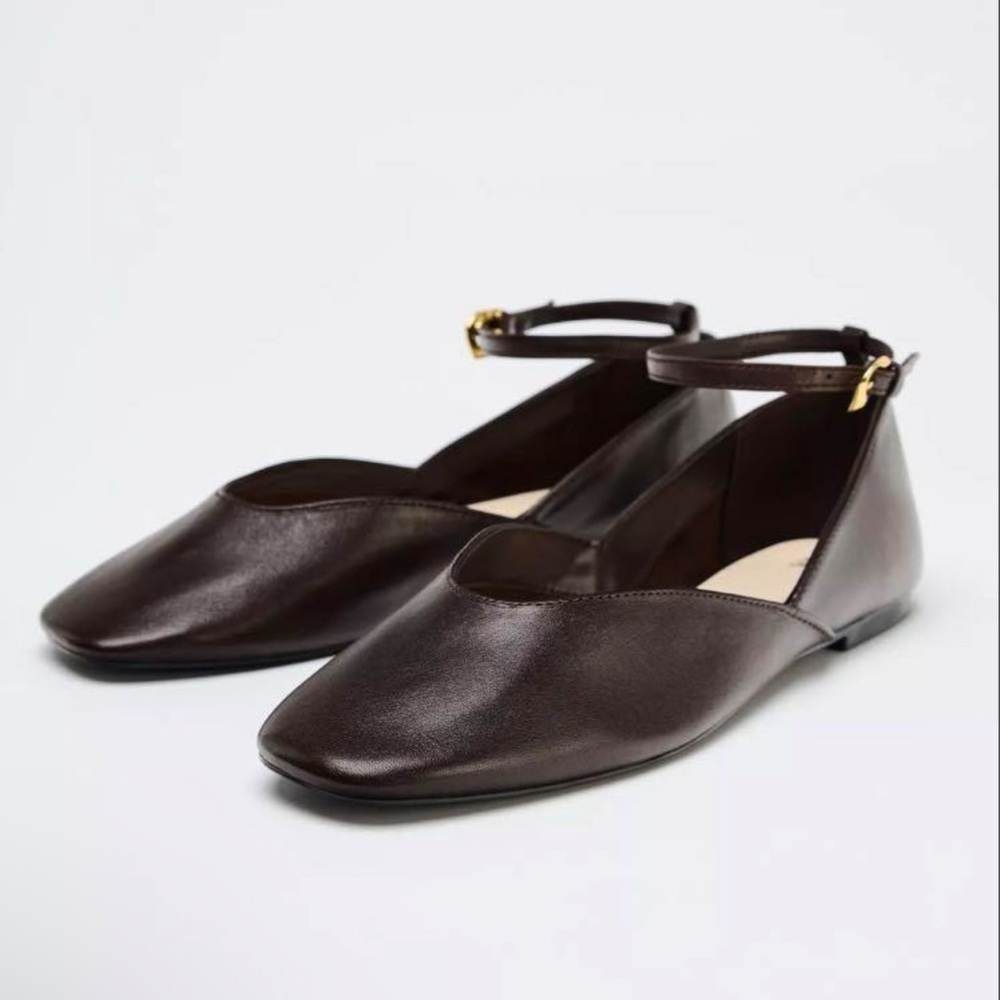 Zara leather Brown Ankle Strap Flats